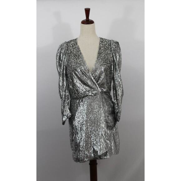 BA & SH Sz 2 M 6 Divina Robe Mini Dress Faux Wrap Silver NWT Silk Blend - Picture 9 of 10